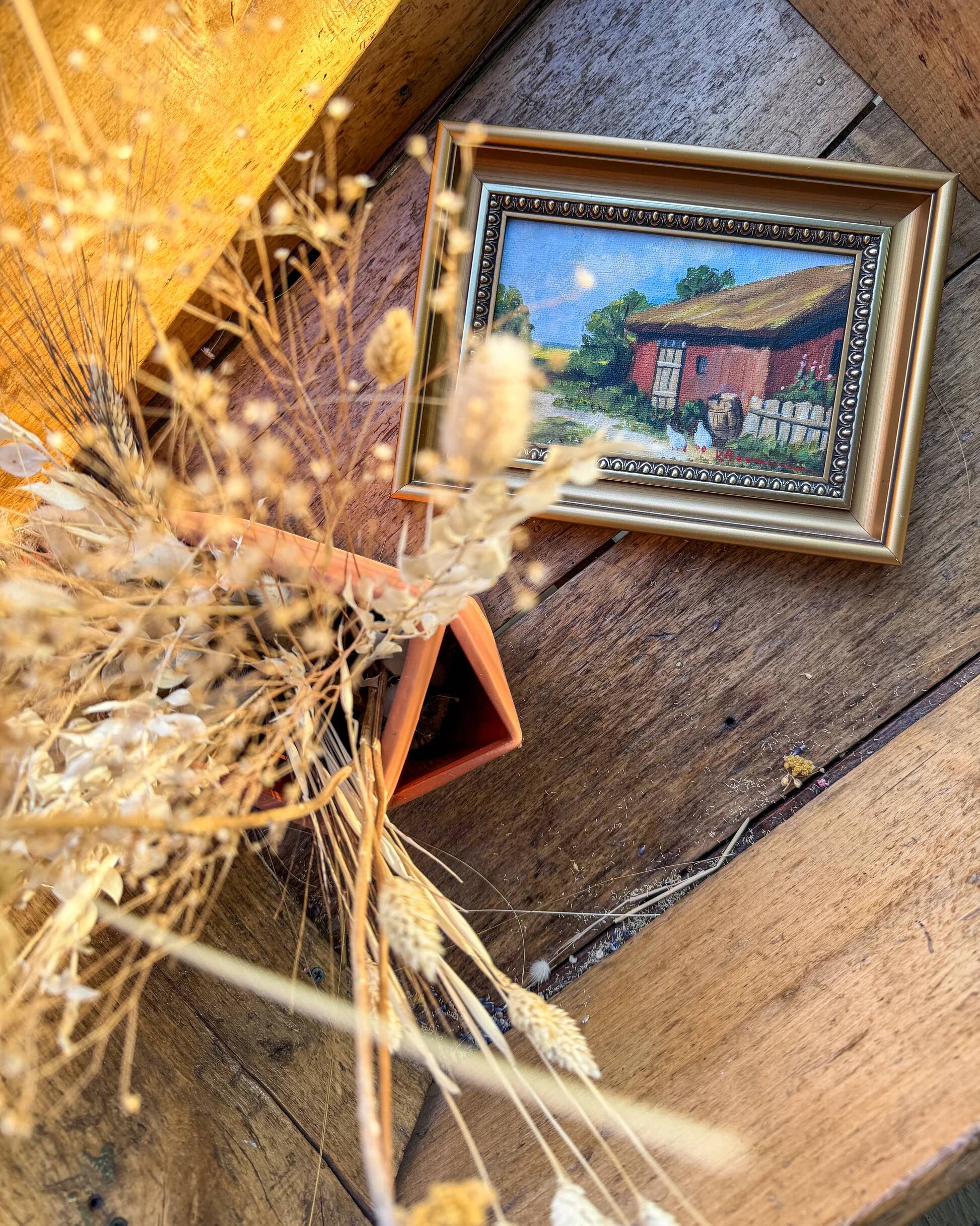 Old painting - Red barn and chickens