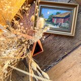 Old painting - Red barn and chickens