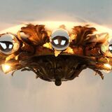 Plafonnier italien vintage lampe florentine feuilles en métal style régence hollywoodienne