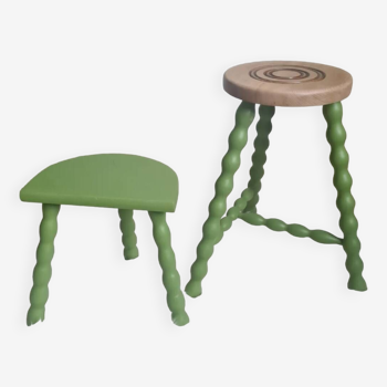 Duo of herbarium green tripod stools