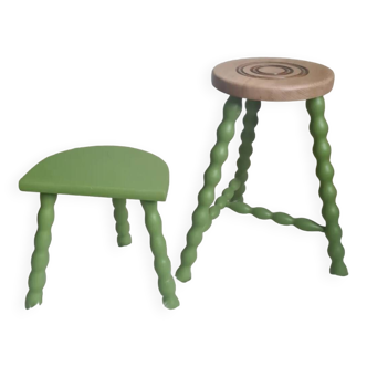 Duo of herbarium green tripod stools