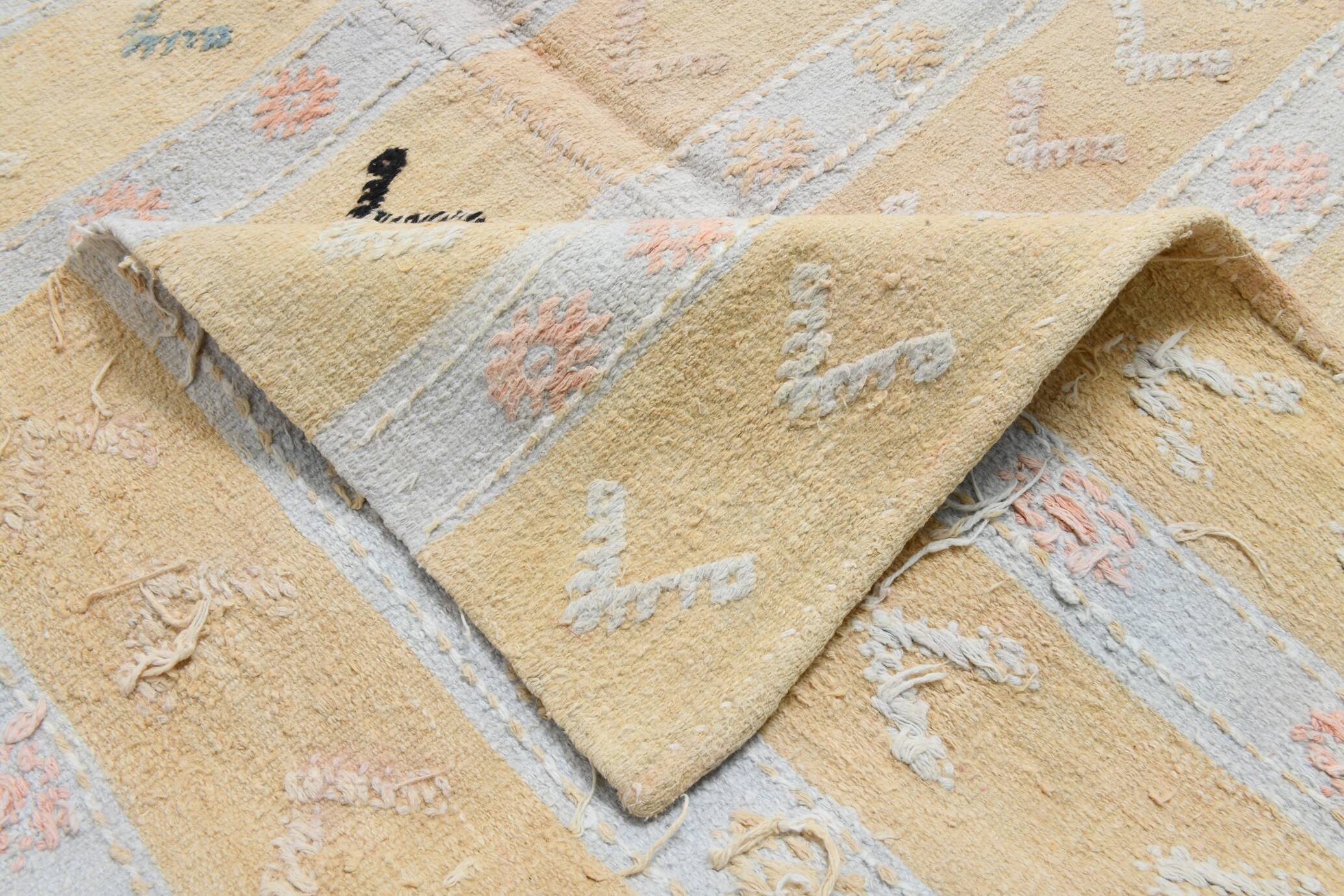 Soft Beige & Mustard Yellow Striped Wool Kilim Rug, 155x396