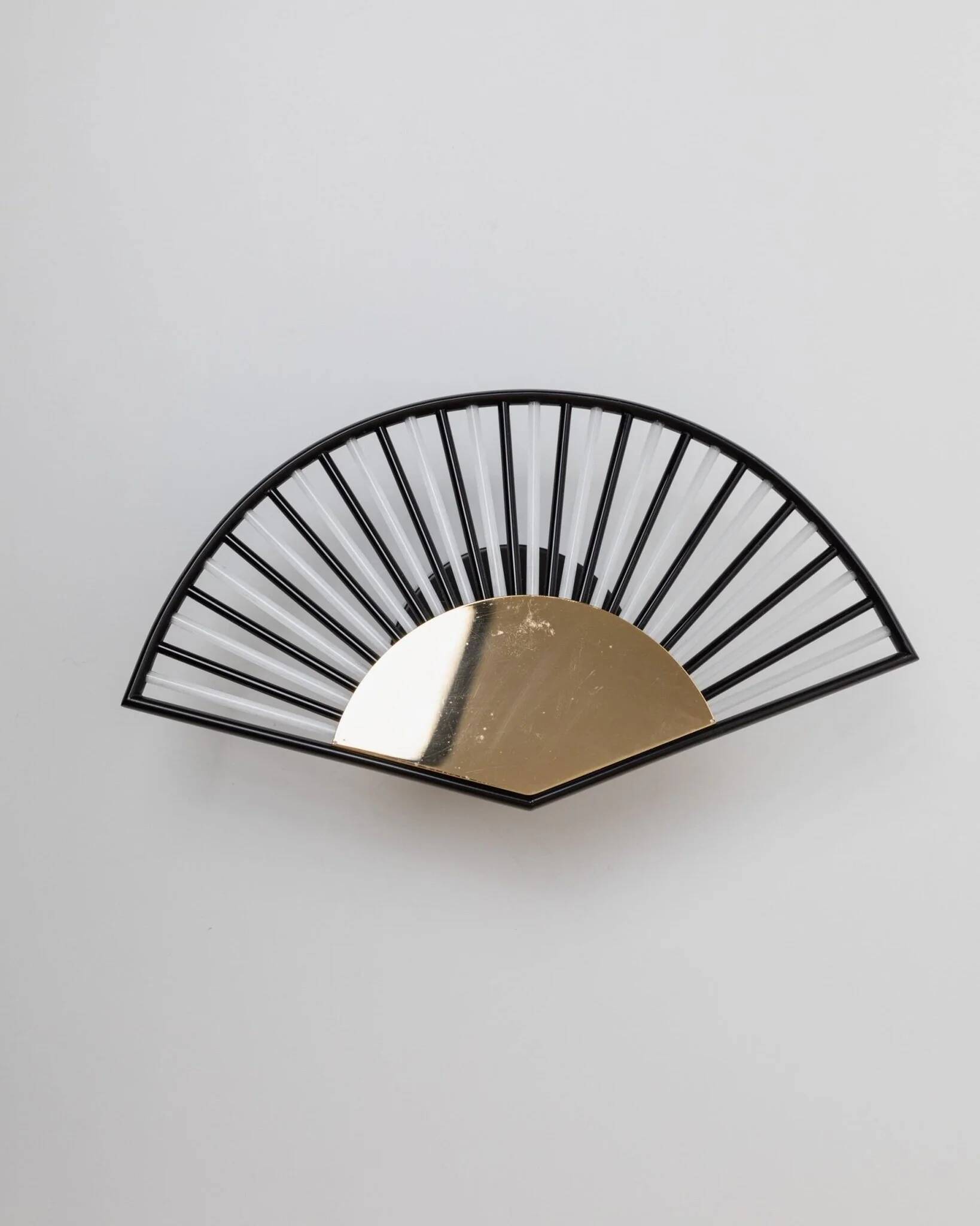 Vintage wall sconce in the shape of a fan - glass tubes and gold metal, Hollywood Regency design, Italy 1980s.