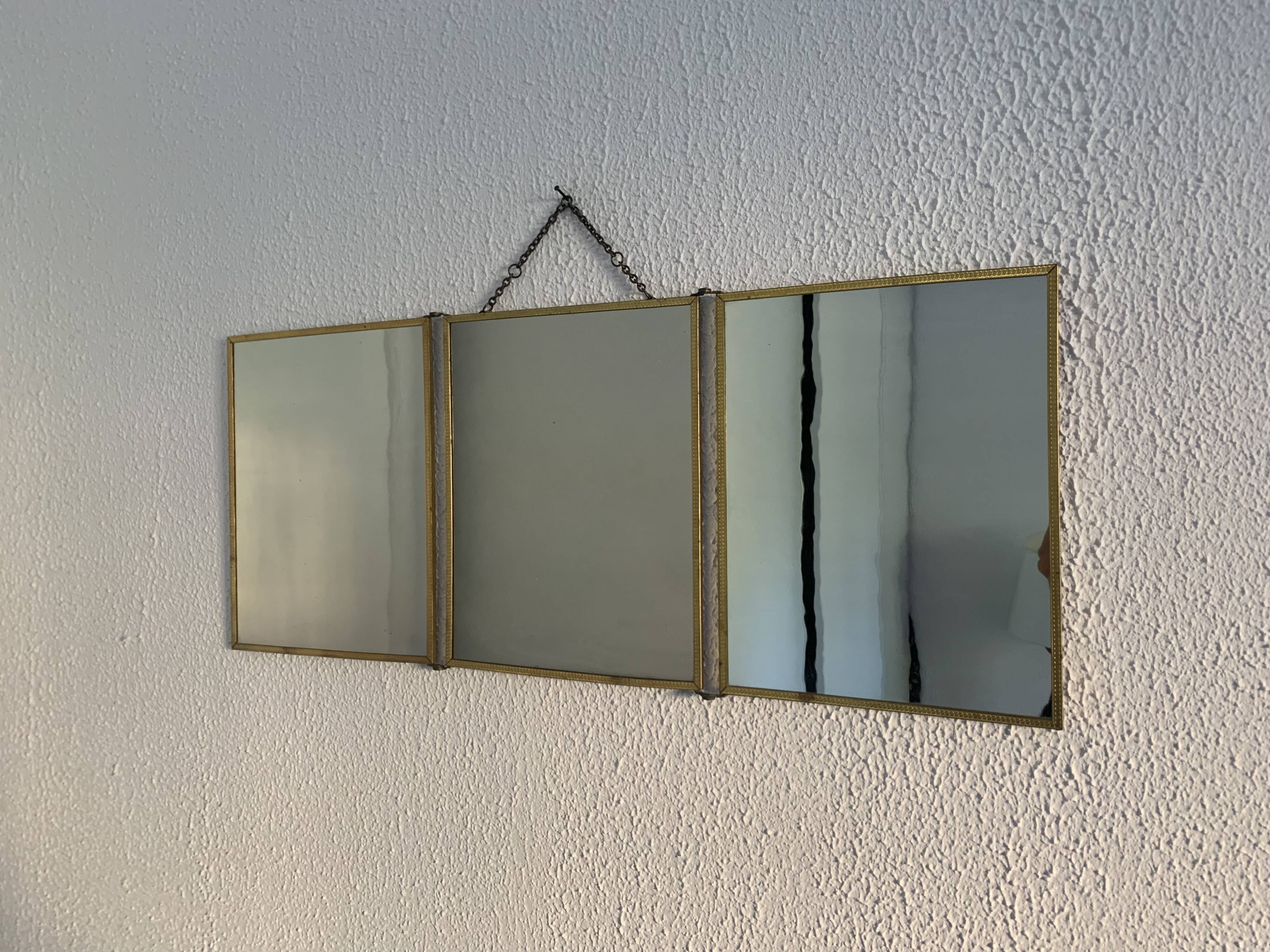 Vintage 1900 triptych mirror, golden barber woman - 27 x 67 cm