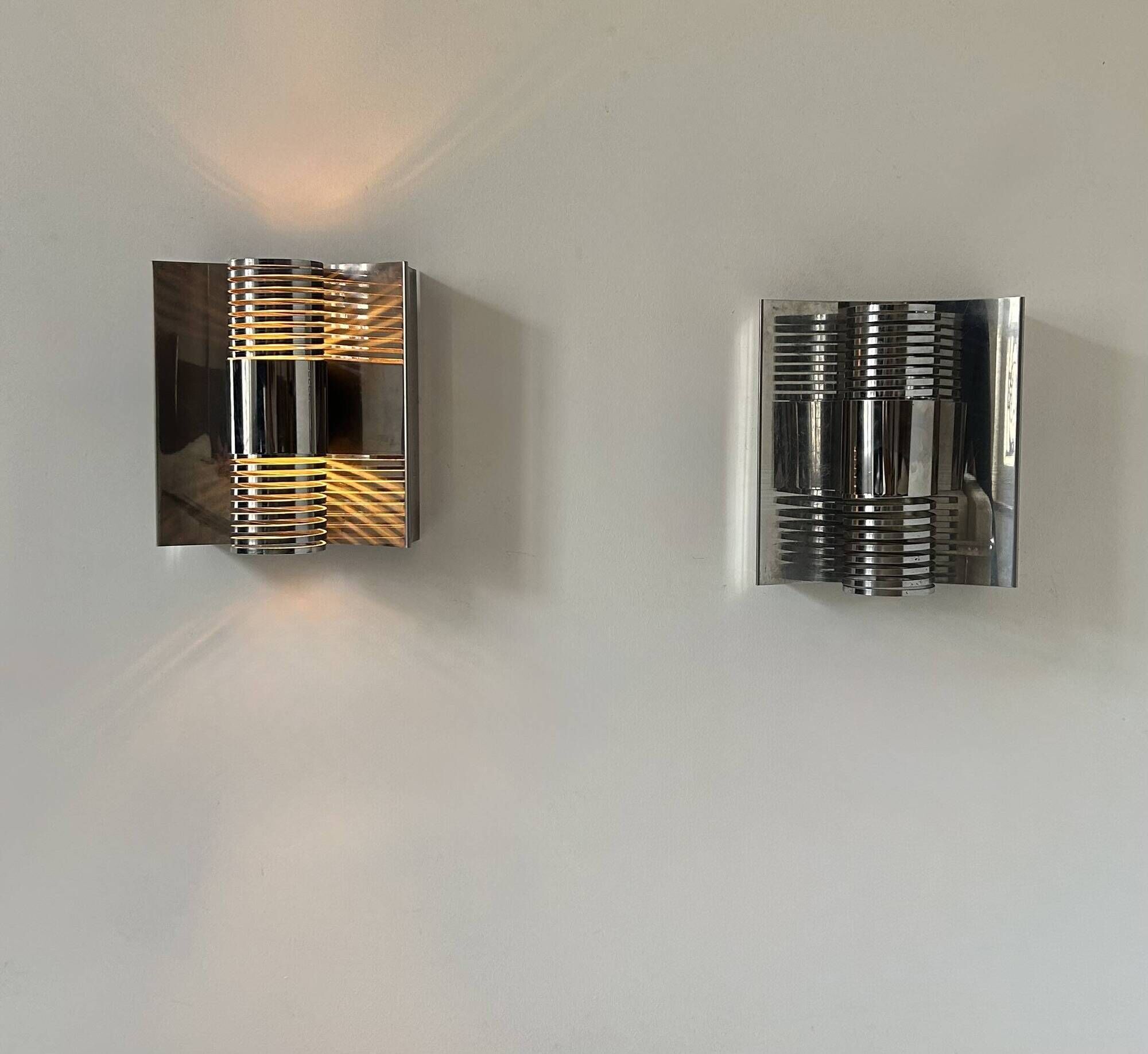Pair of vintage chrome metal wall lights, France 1970