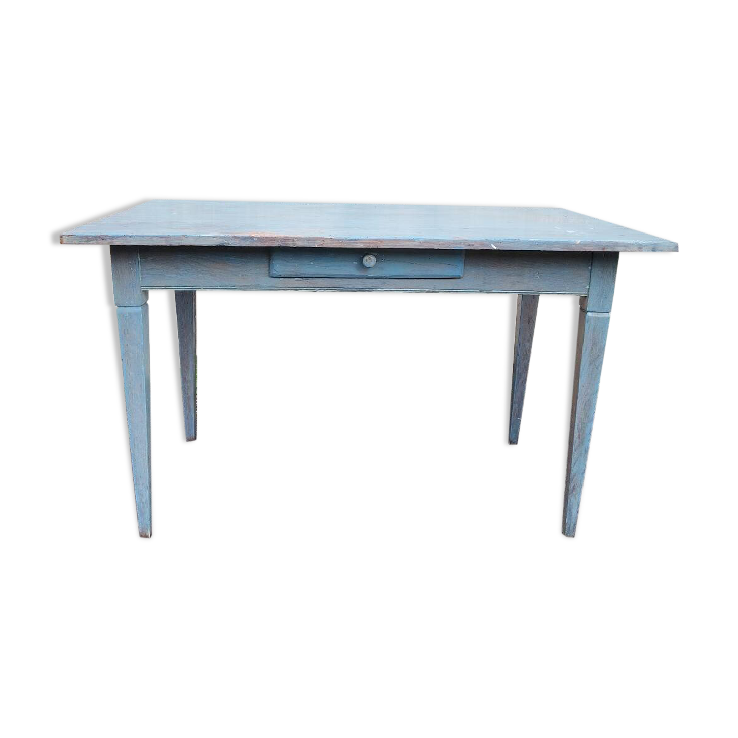 Antique table with spindle legs, patinated in celadon blue – solid wood – 19