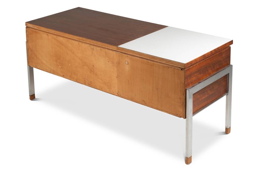 Pair of low chests of drawers in teak and chrome metal. 1960s.