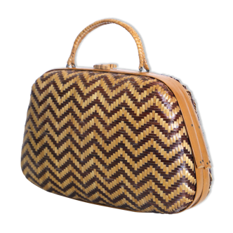 Valise vintage en osier deux tons