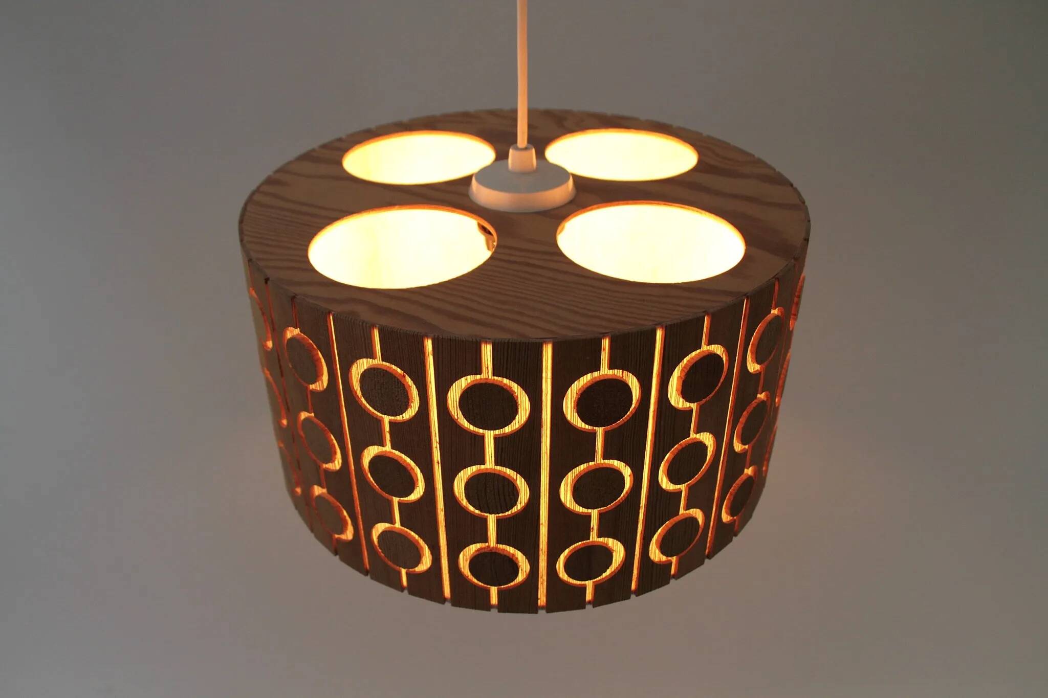 Pine Pendant Lamp – Cylindrical with Circle Pattern, Scandinavia – 1960s/1970s