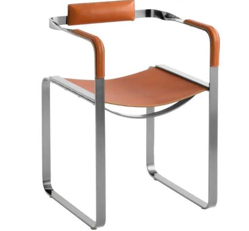 Armchair, aged silver steel and natural tobacco saddle leather.