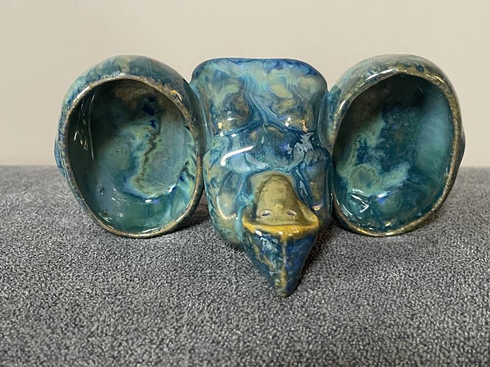 SALERON DOUBLE MONK IN FLAMED STONEWARE FROM RAMBERVILLERS TABLE ART
