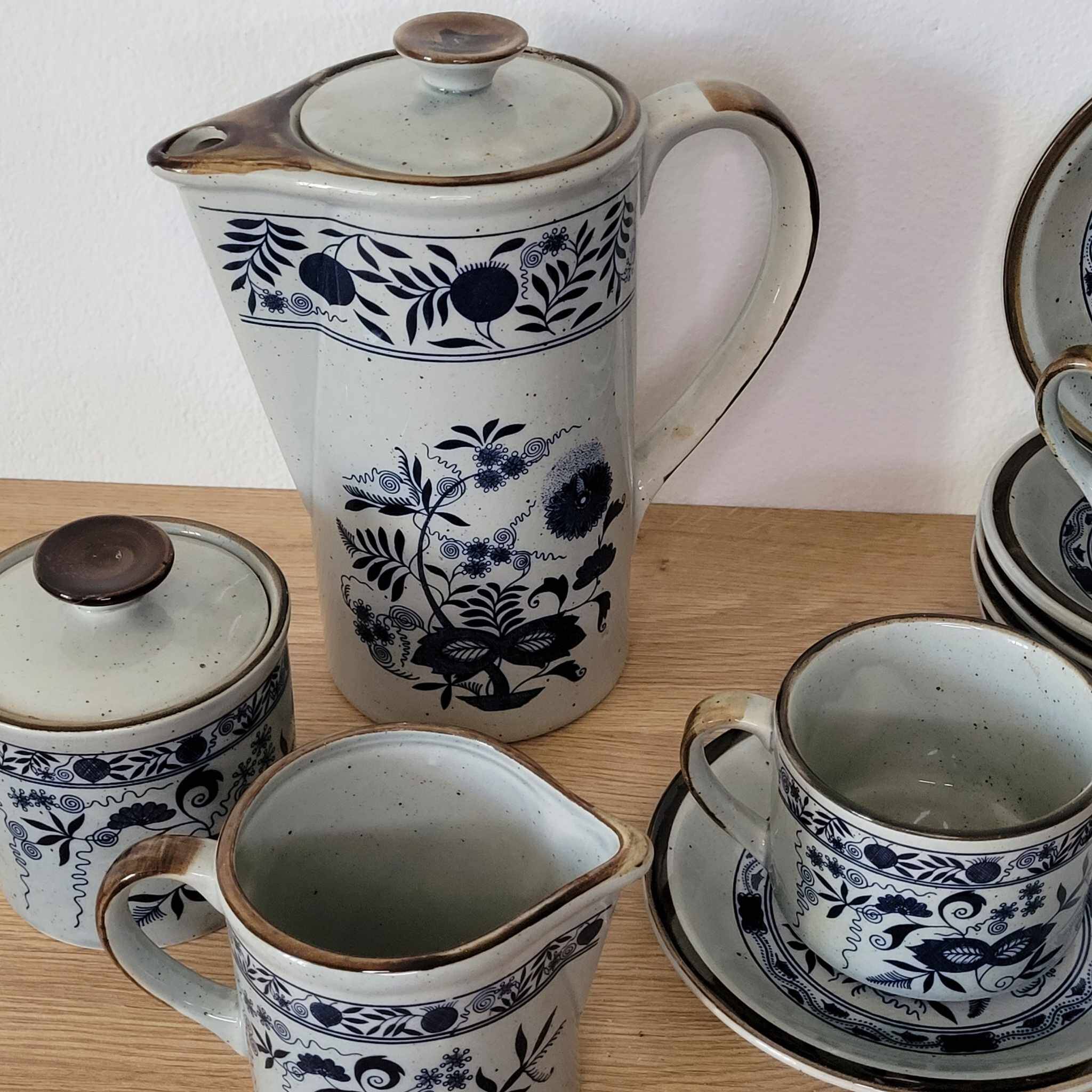 Japanese stoneware tea set with blue danube "blue onion" pattern