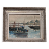 Watercolor on paper the port of Guet Douarnenez 1947 by R. Courteau