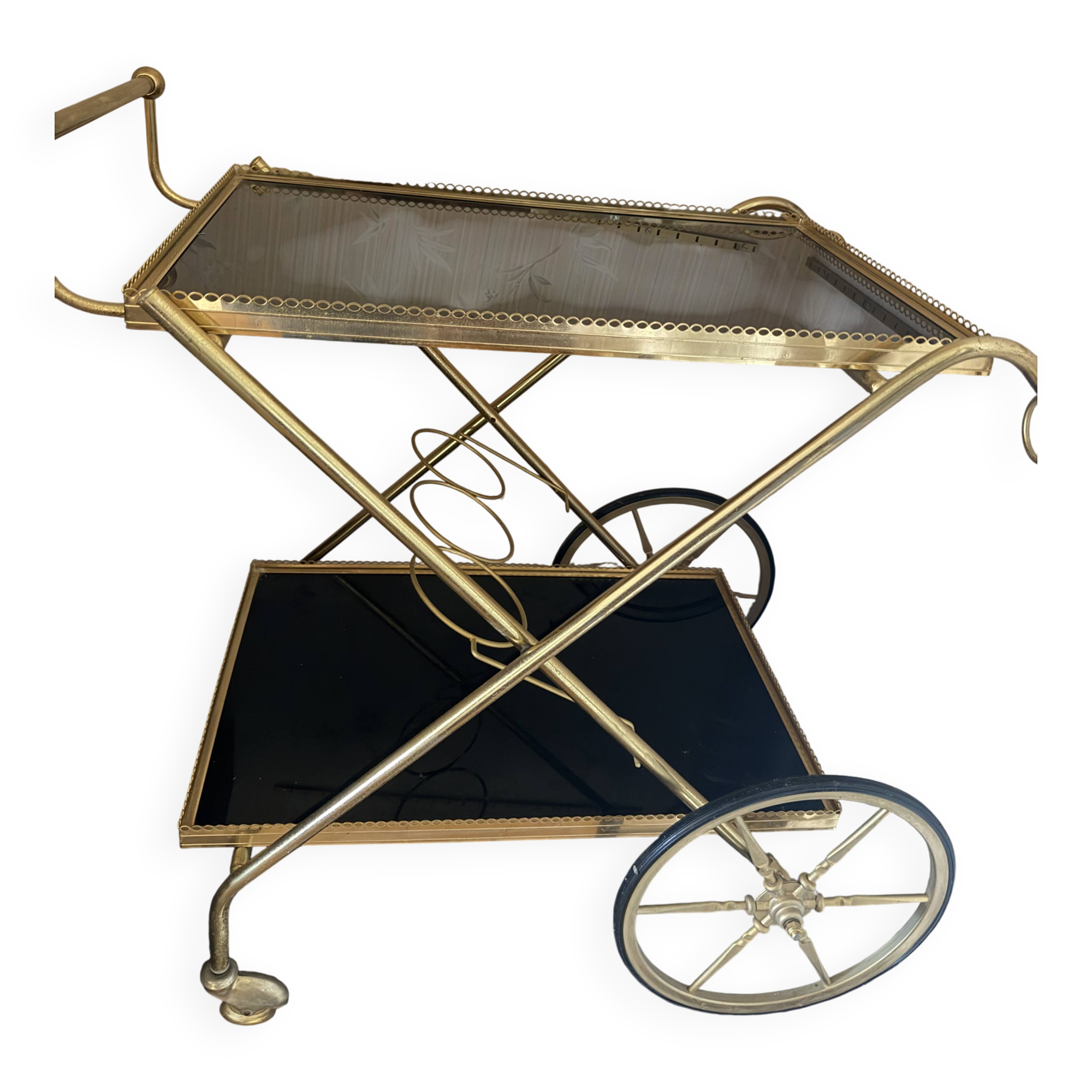 Desserte vintage dorée style Hollywood Regency – bar roulant rétro