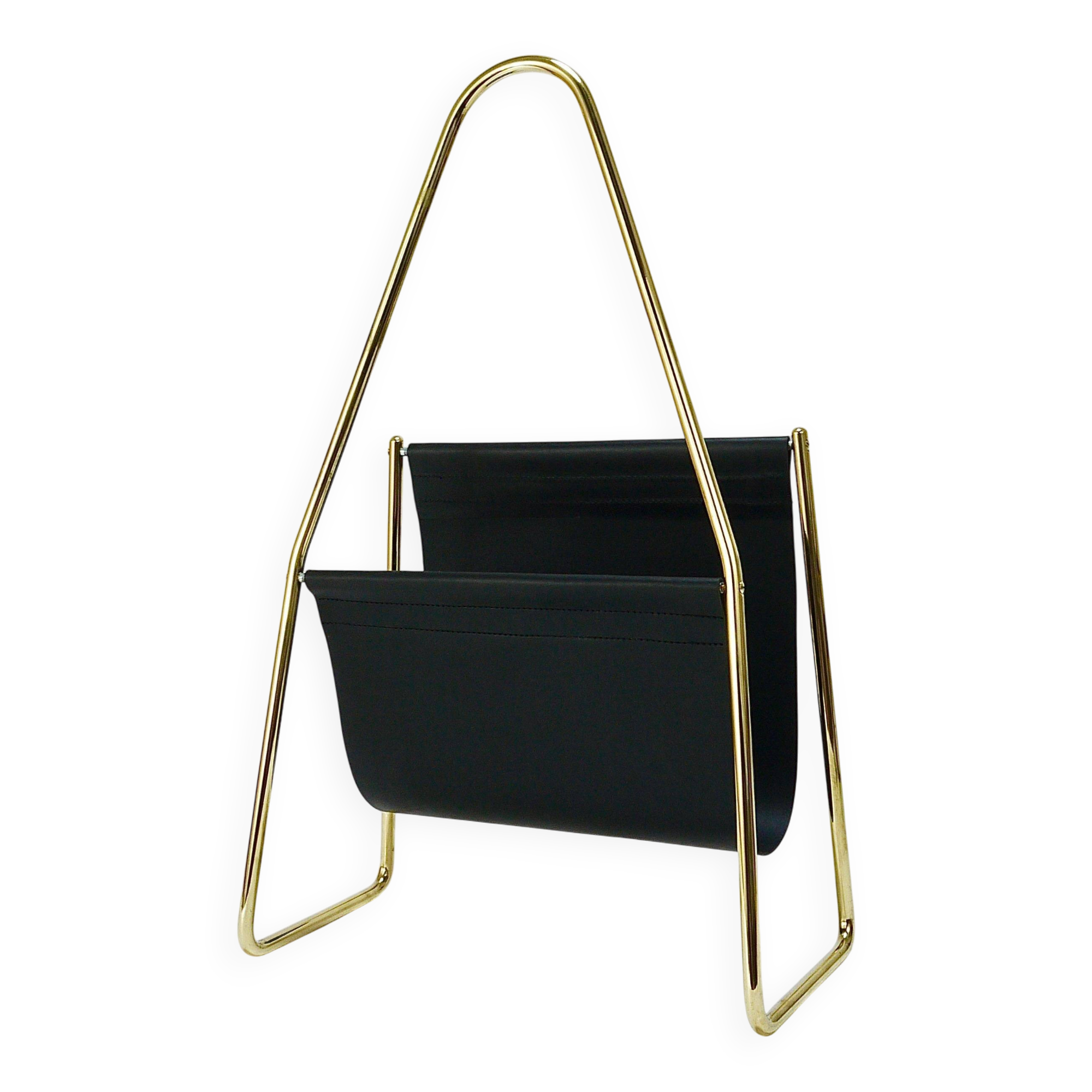 Carl Auböck II Midcentury magazine rack, brass and black leather, vintage, Austria