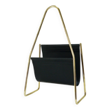 Carl Auböck II Midcentury magazine rack, brass and black leather, vintage, Austria
