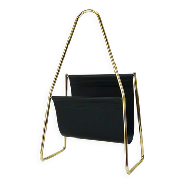 Carl Auböck II Midcentury magazine rack, brass and black leather, vintage, Austria
