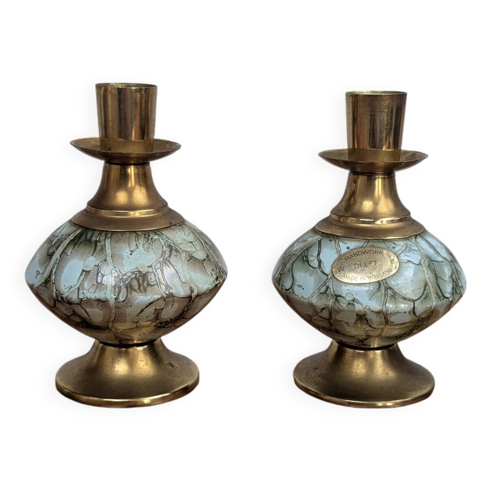 Pair of Art Deco Style Hand Painted Delft Ceramic Candlesticks