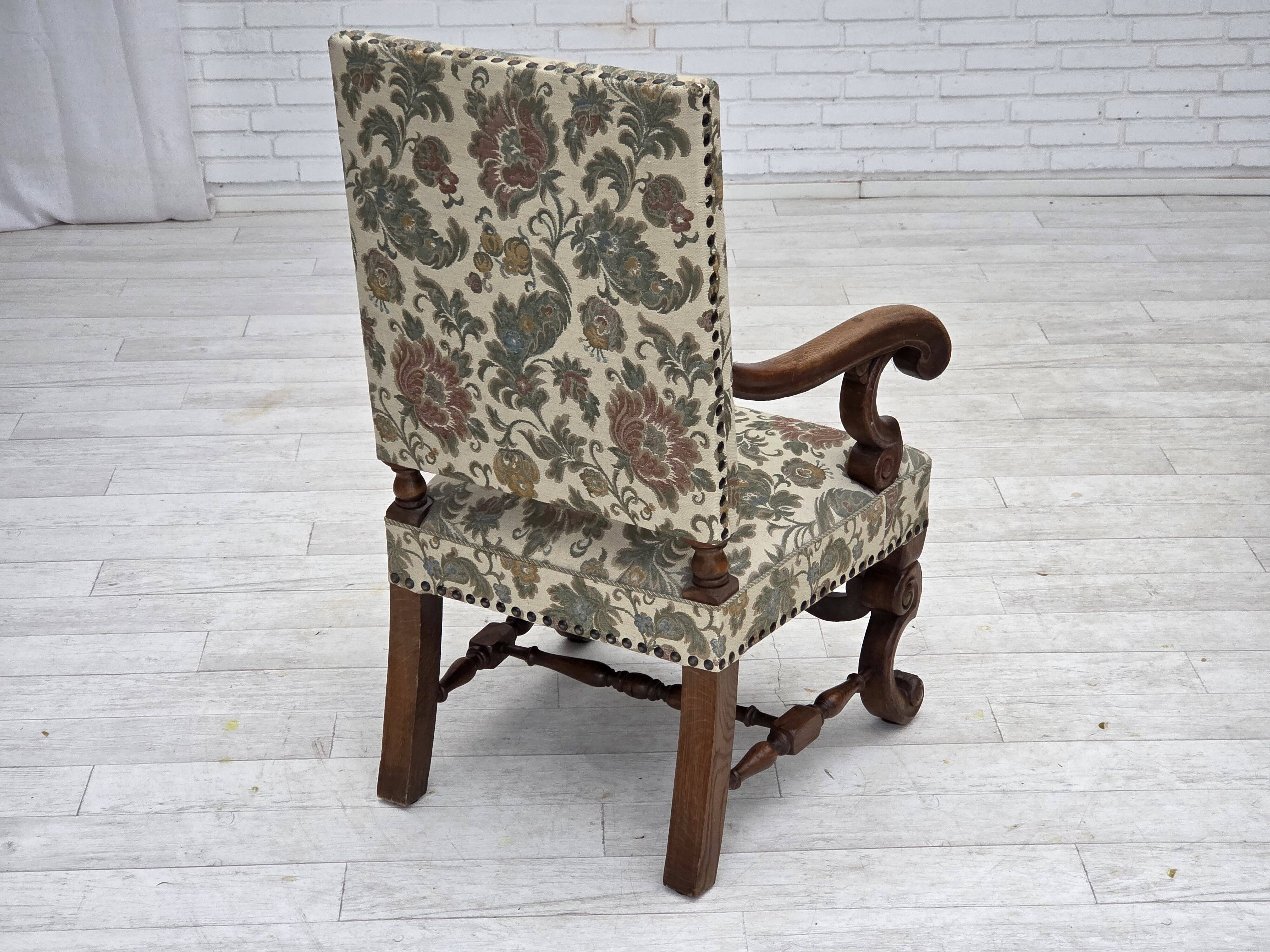 1950s, Scandinavian highback armchair, furniture fabric, oak wood.