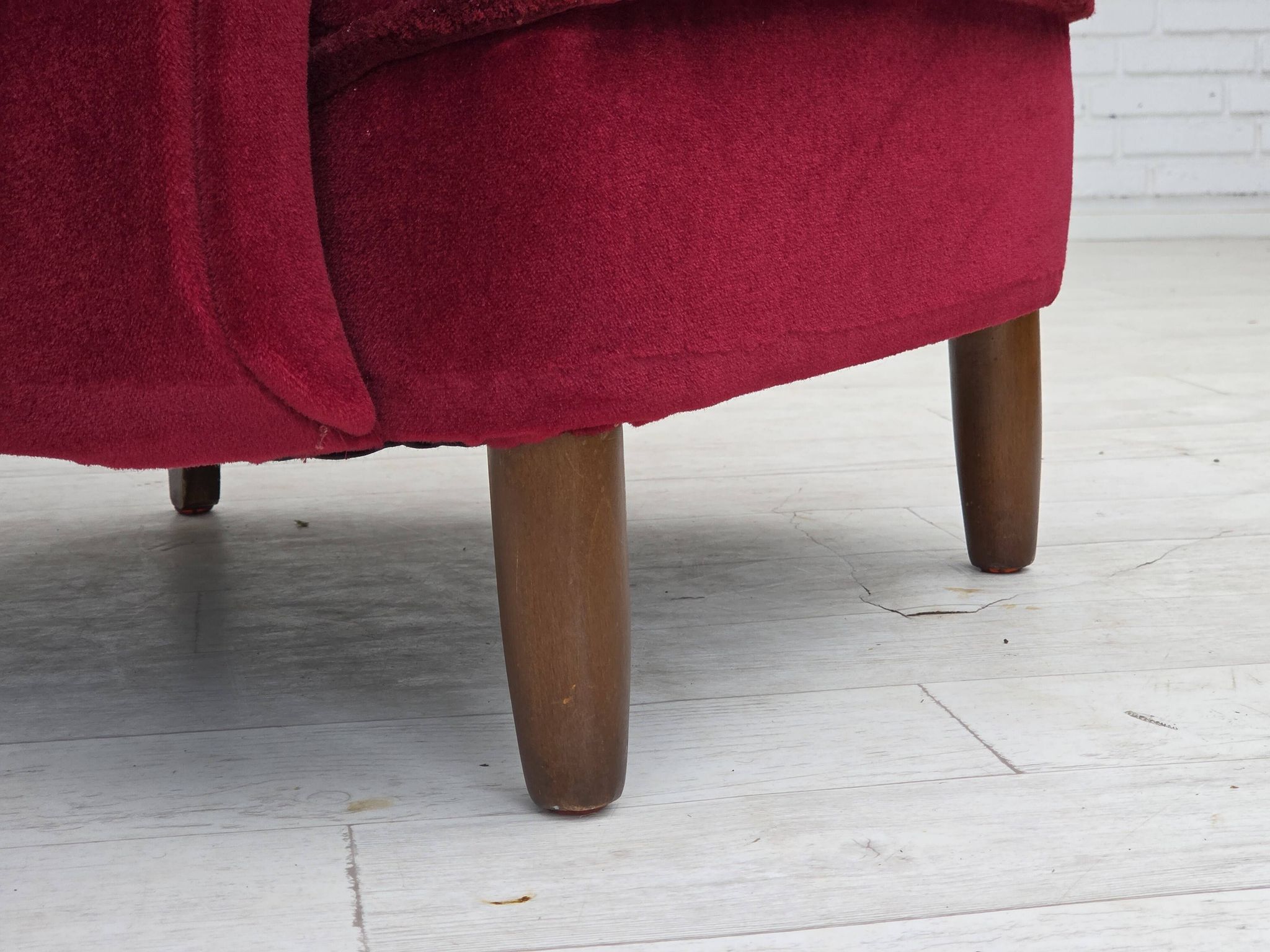 1960s, Danish armchair, cherry-red furniture velour, beech wood legs.