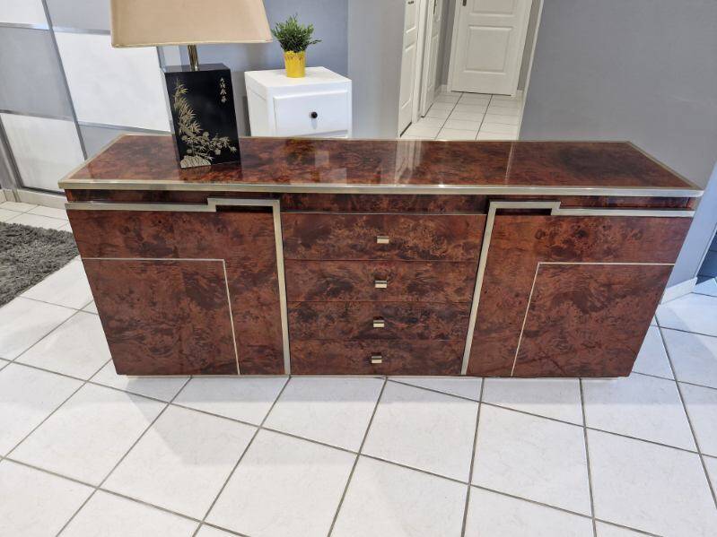 Vintage elm burl and chrome sideboard from the 1970s.