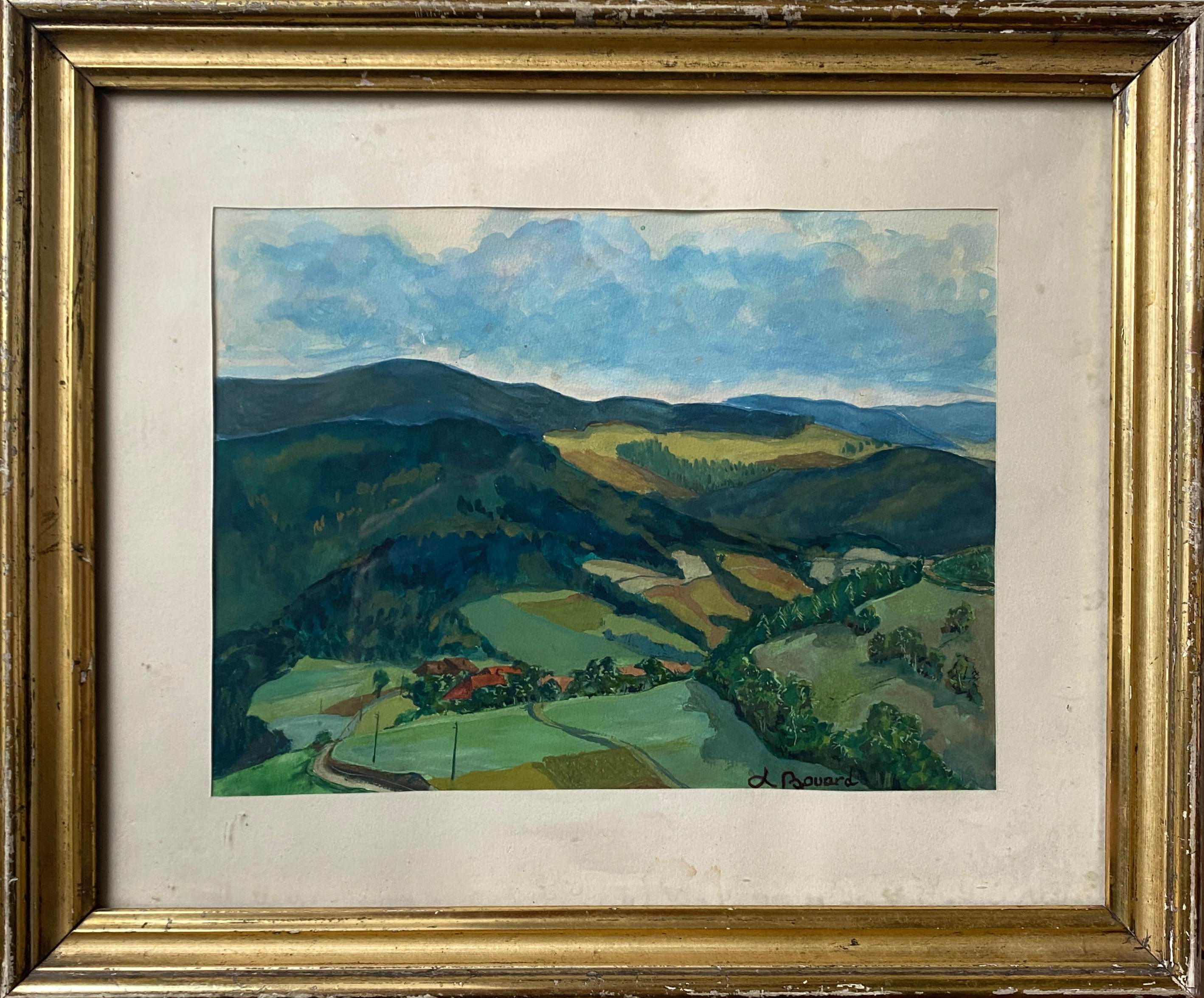 Gouache painting "View of the Valley" signed L. Bouard + frame