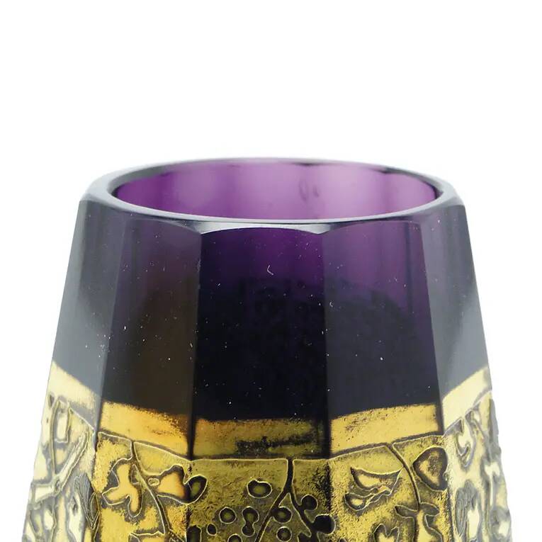 Art Deco vase, amethyst glass, gilded oroplastic, Moser, Czechoslovakia, 1930s