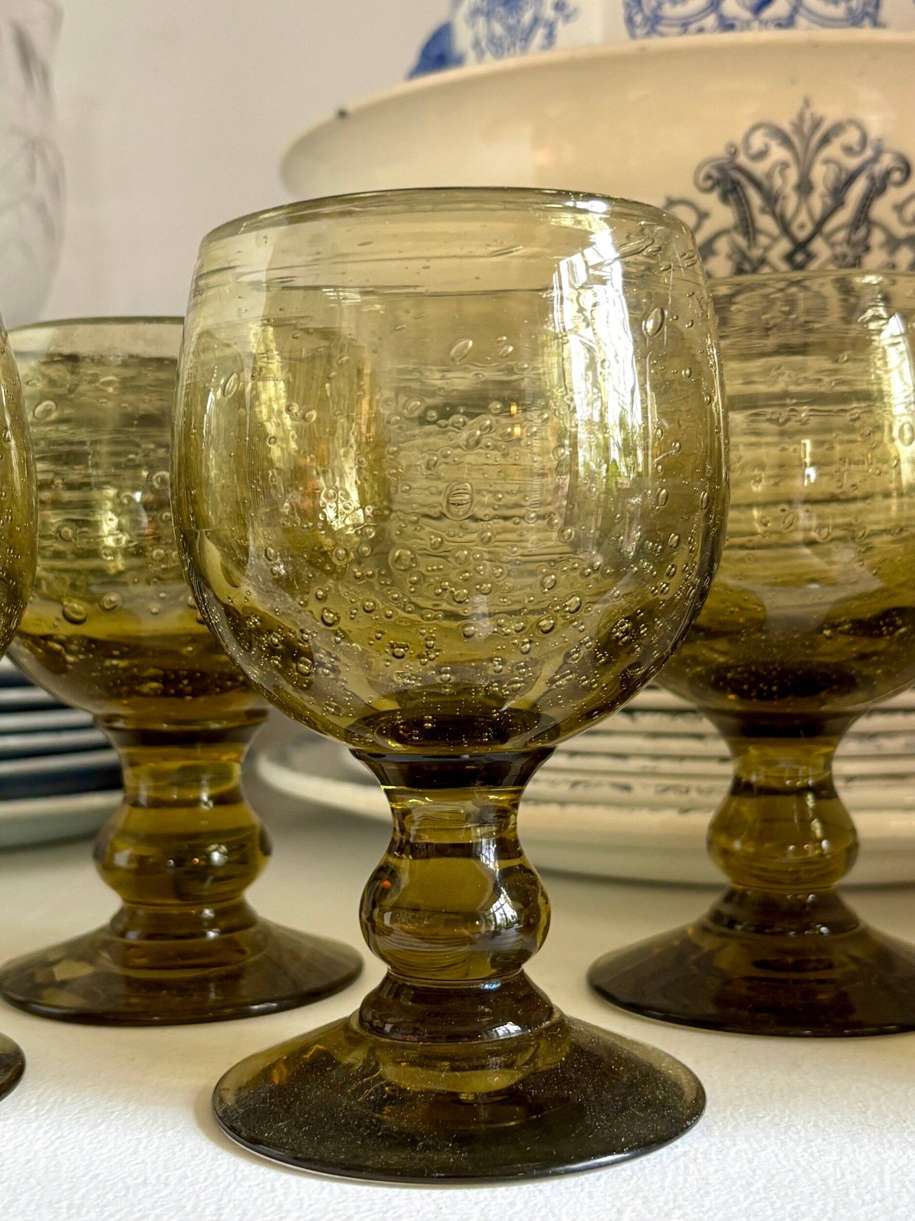 6 stemmed glasses in green blown glass