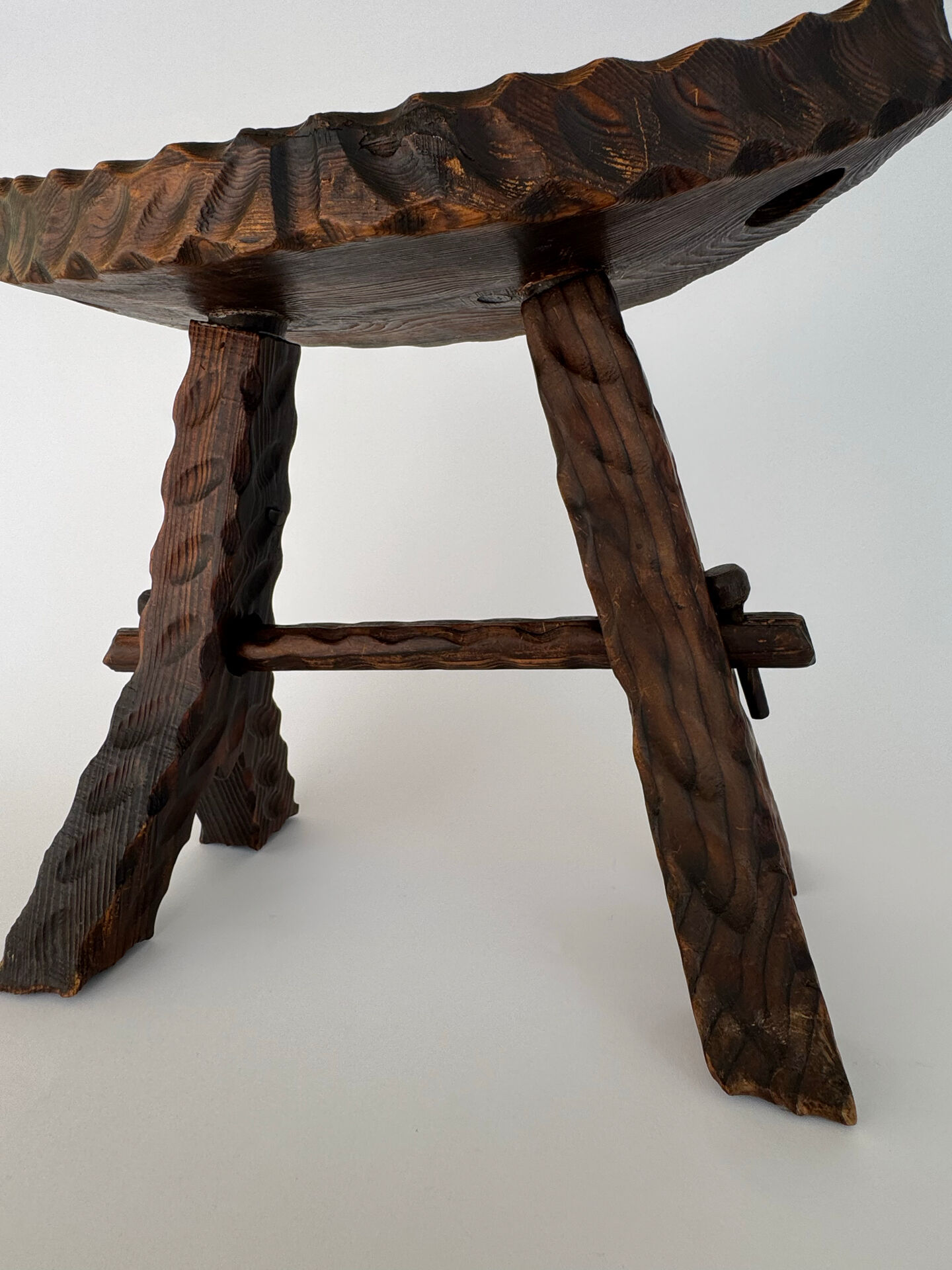 Vintage Brutalist Hand Carved Wooden Stool