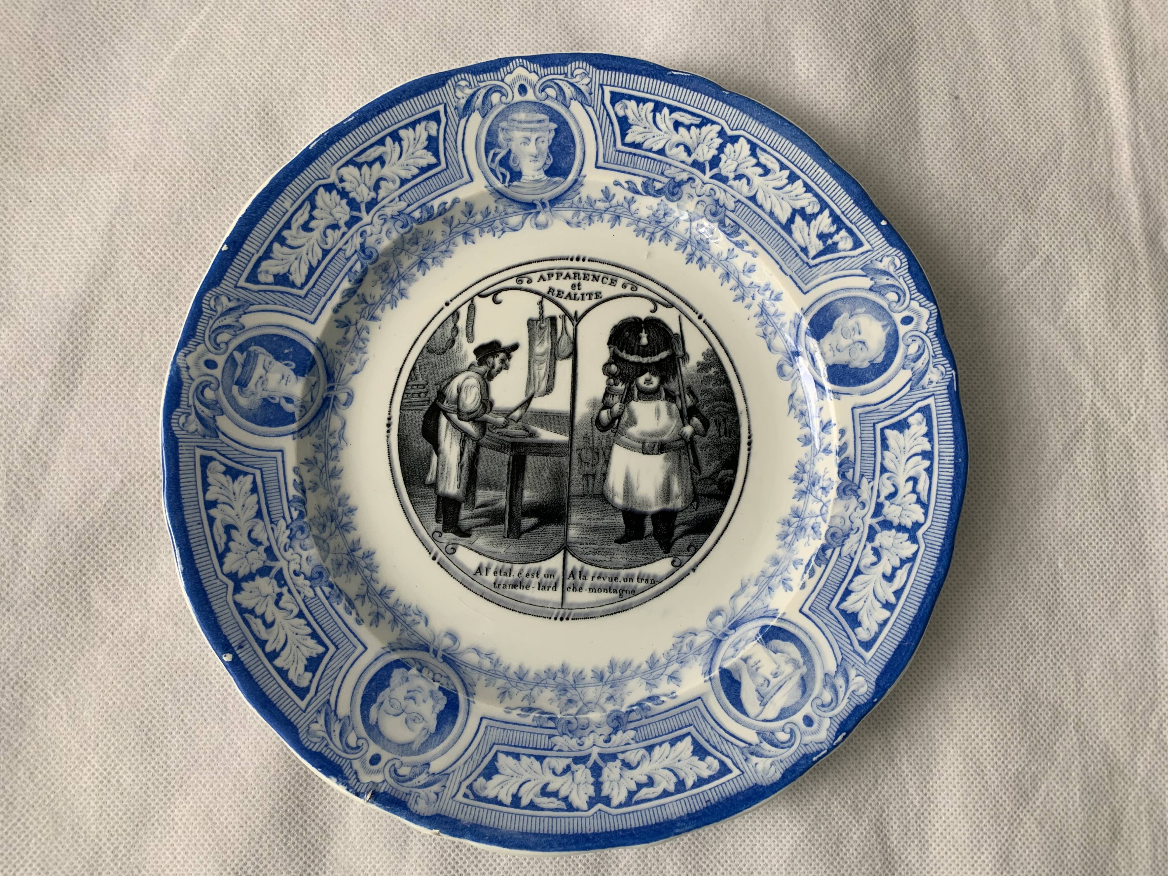 4 antique blue and black dessert plates Jules Vieillard Bordeaux 19th century