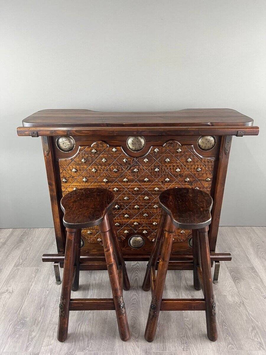 Rustic Carved Wooden Bar with Stools and Wine Chest, 20th Century