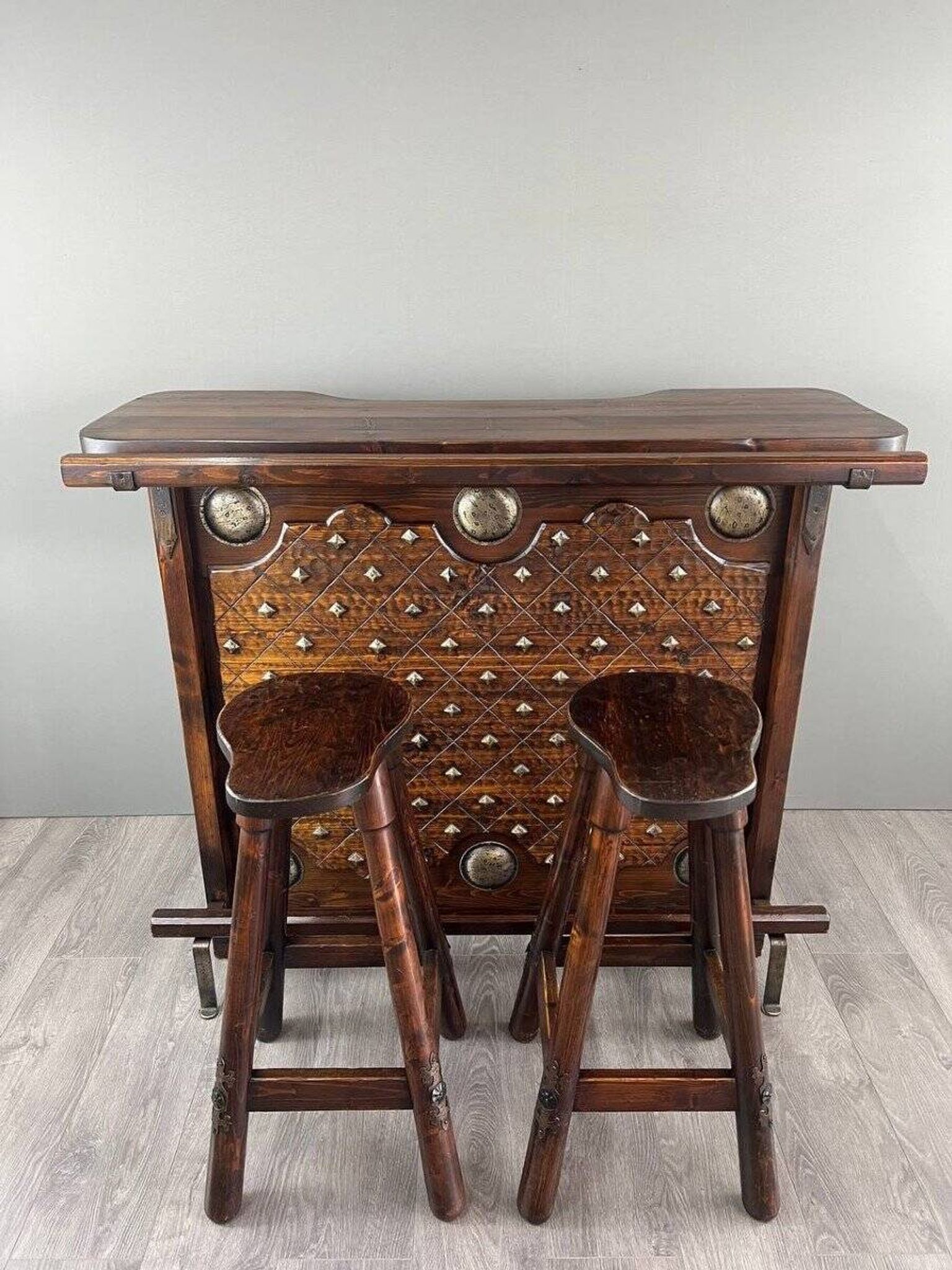 Rustic Carved Wooden Bar with Stools and Wine Chest, 20th Century
