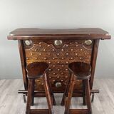 Rustic Carved Wooden Bar with Stools and Wine Chest, 20th Century