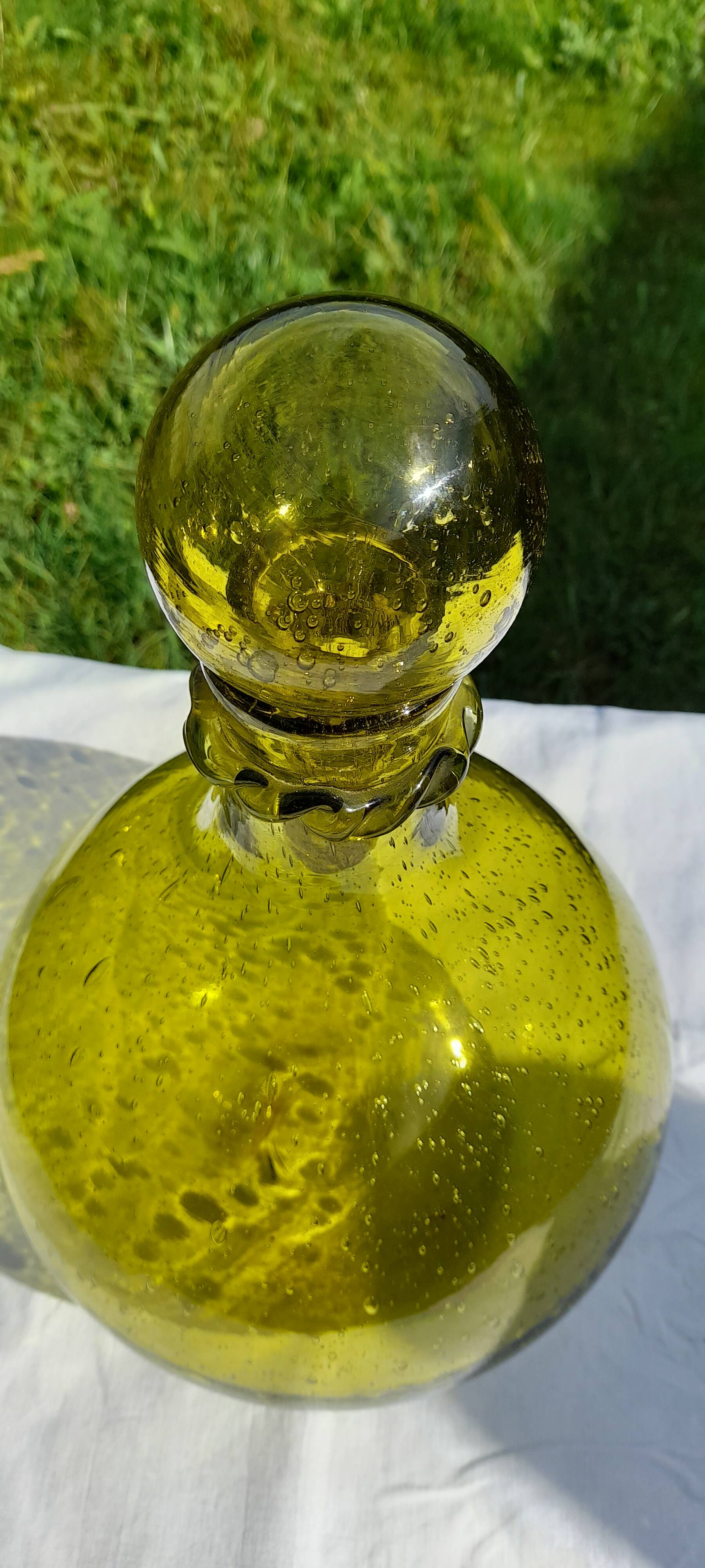 Dame Jeanne en verre bullé verrerie  de Biot vert H 39 cm
