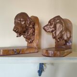Pair of dog head bookends in spelter on marble slab, signed Lecourtier - sculptures