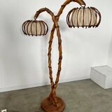 Old bamboo and rattan floor lamp design 60s Louis Sognot vintage lamp