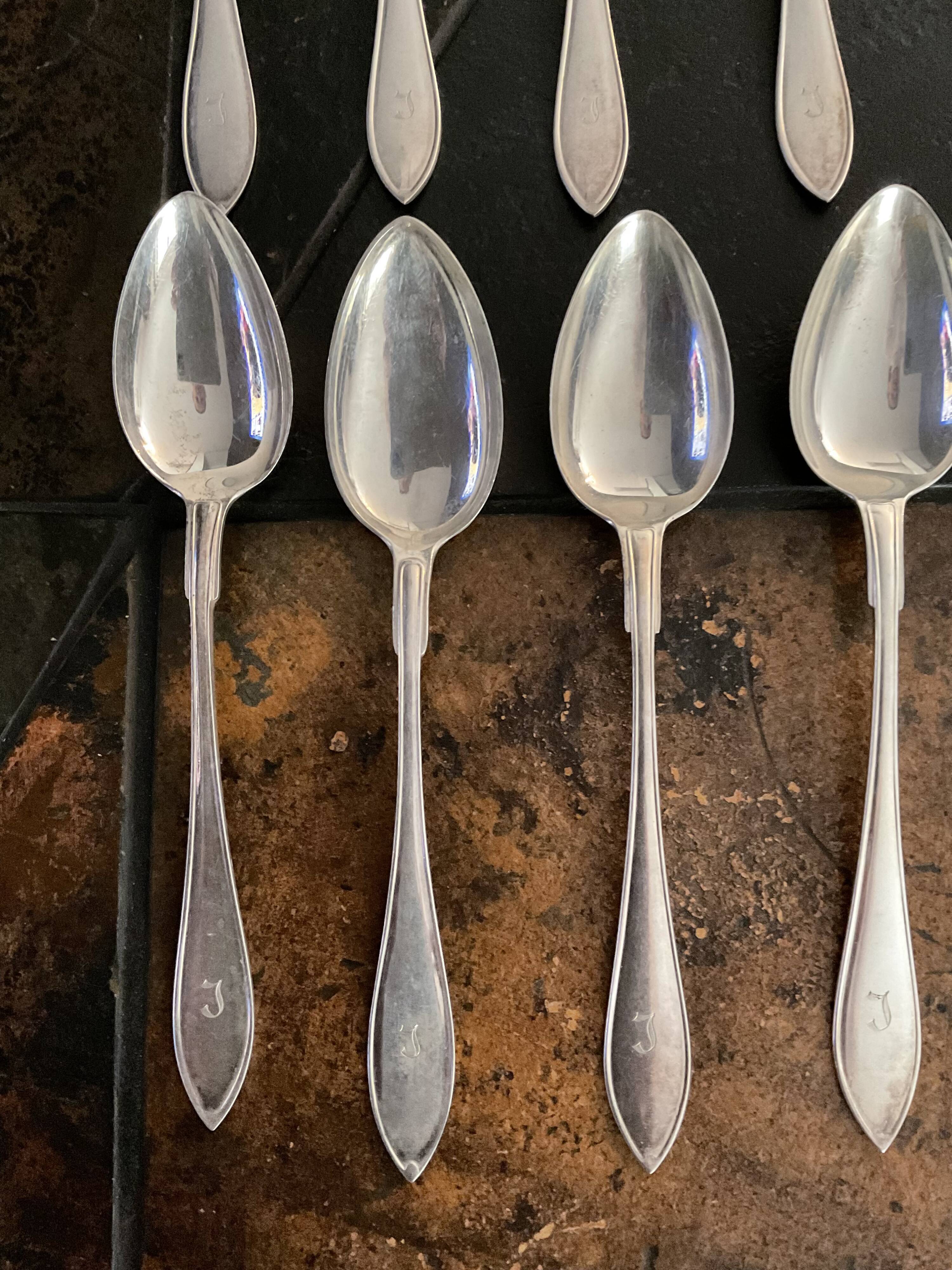 12 silver metal spoons monogram engraved J