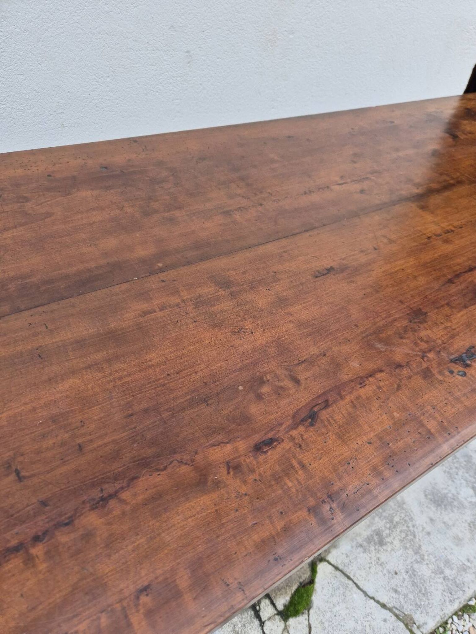 Table de Ferme bourguignonne à entretoise en noyer massif 19éme deux tiroirs-1m82