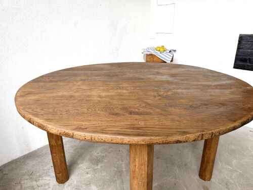 Brutalist round table in solid oak, 1950s.