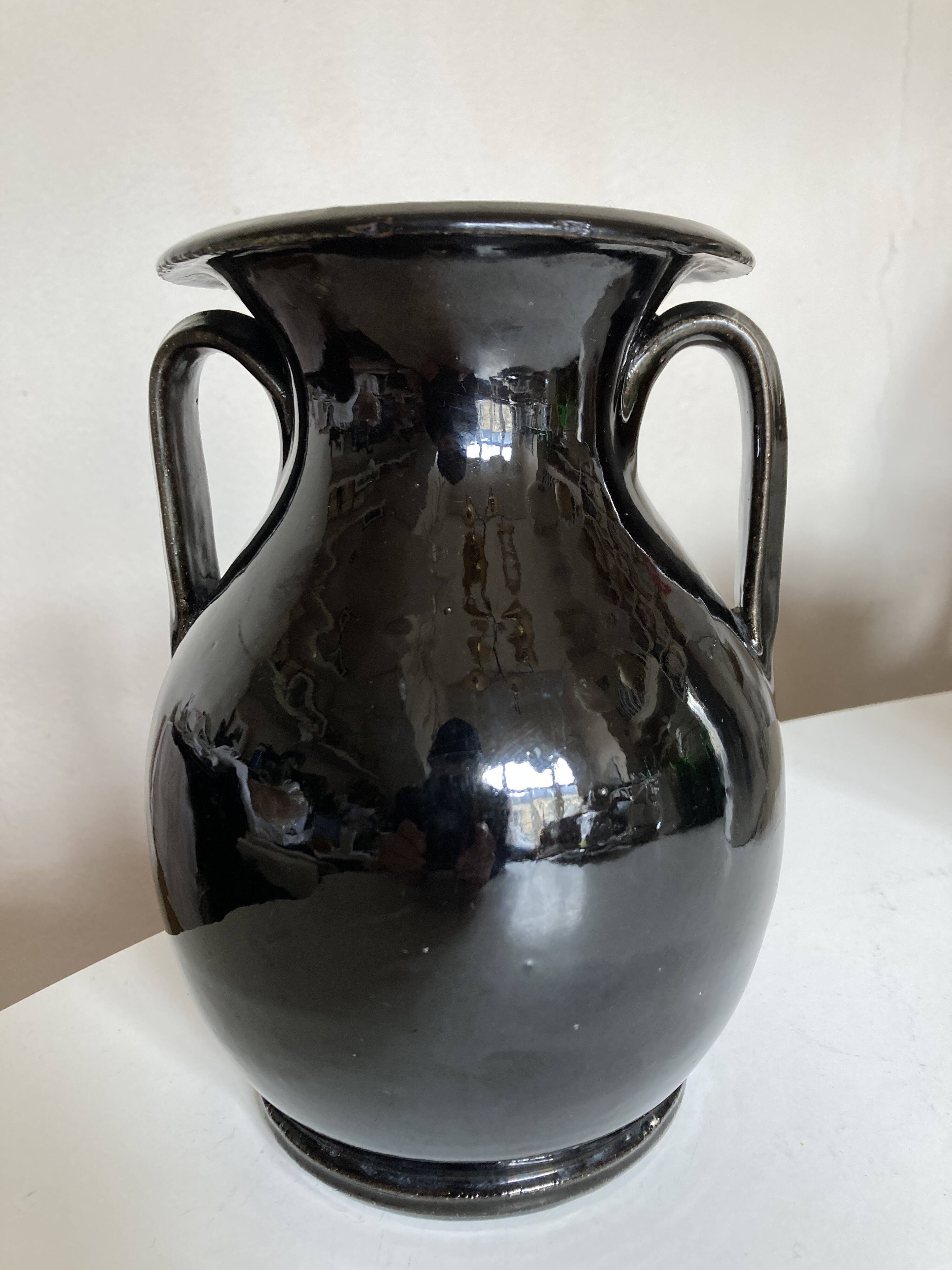 Neo-classical urn vase in black Biot glazed earth 1960