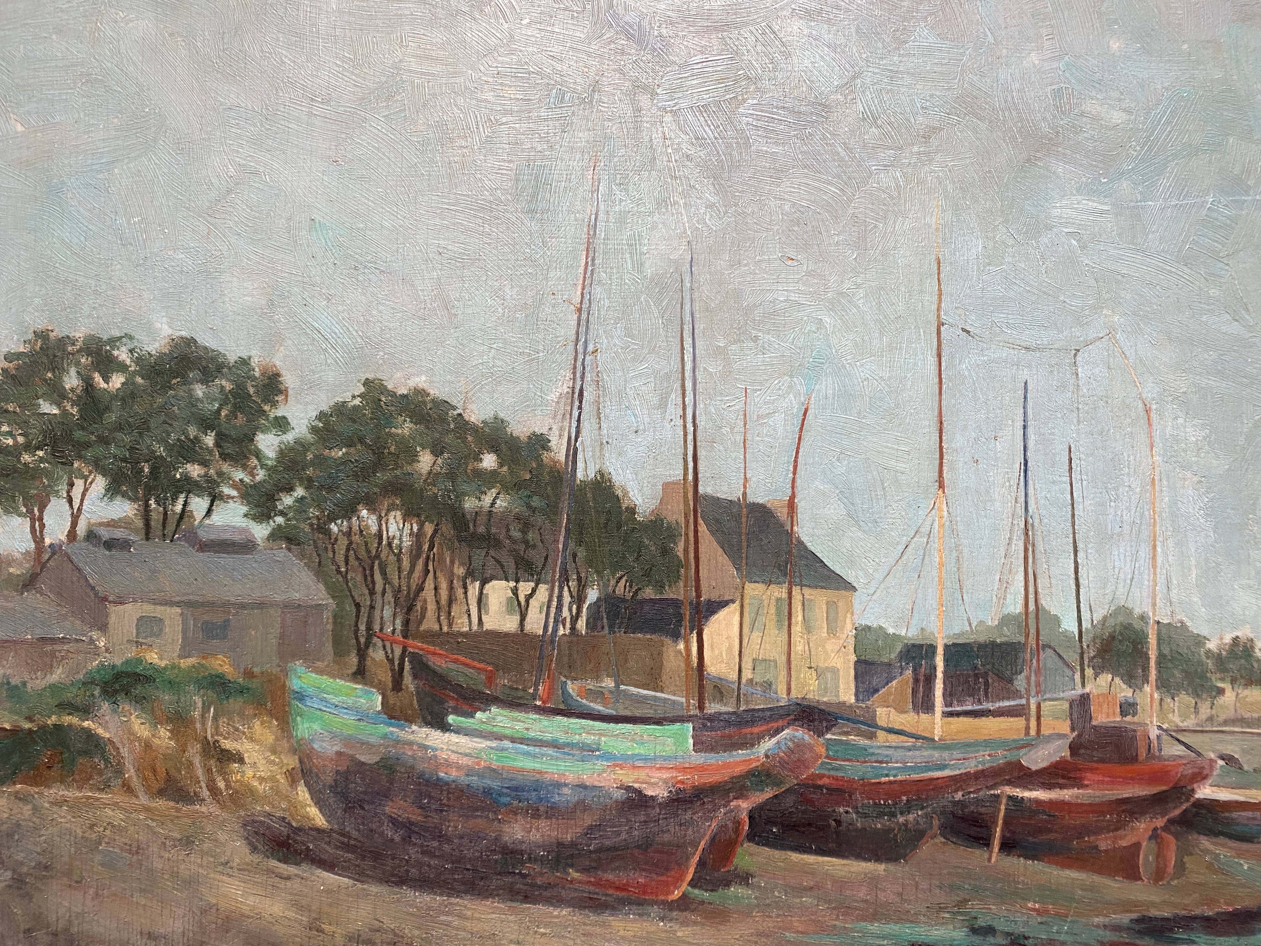 Table "Village and boats by the sea" Marine Bretagne signed 1948