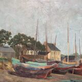 Table "Village and boats by the sea" Marine Bretagne signed 1948