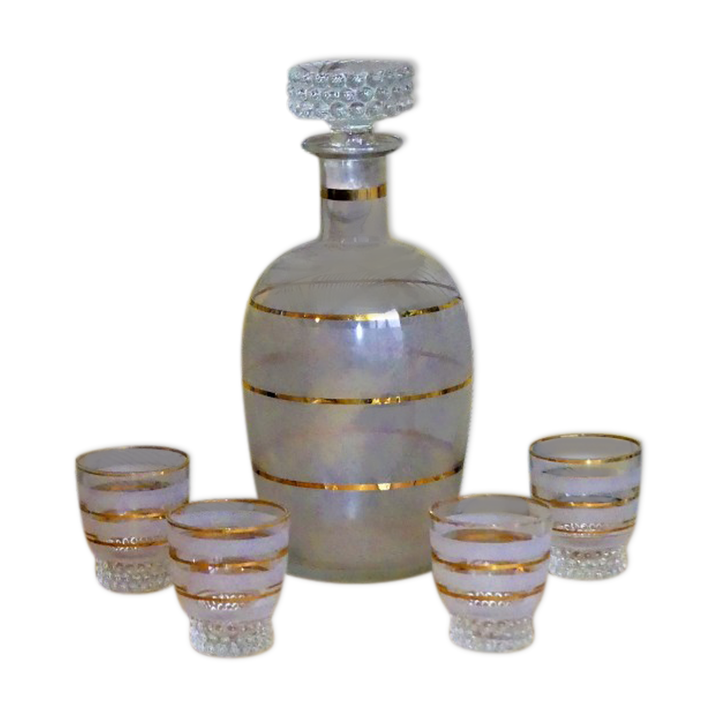 Digestive service in sandblasted glass - carafe and old glasses 50s