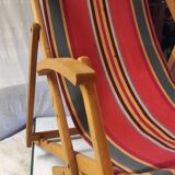 Vintage deck chair in wood and striped fabric - mid-20th century