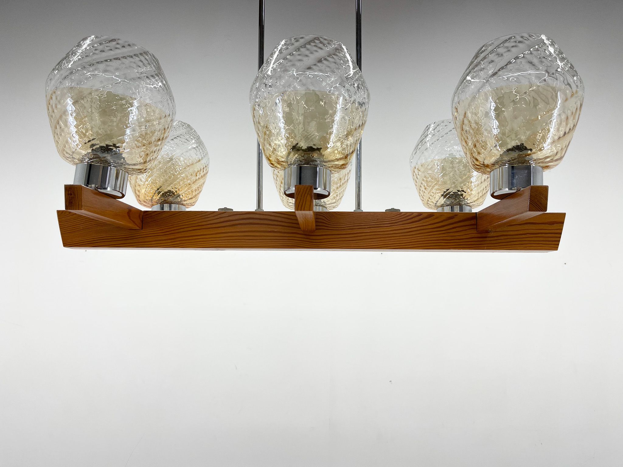 1970's Wood, Chrome & Glass Chandelier by Elektroinstala Decin, Labeled