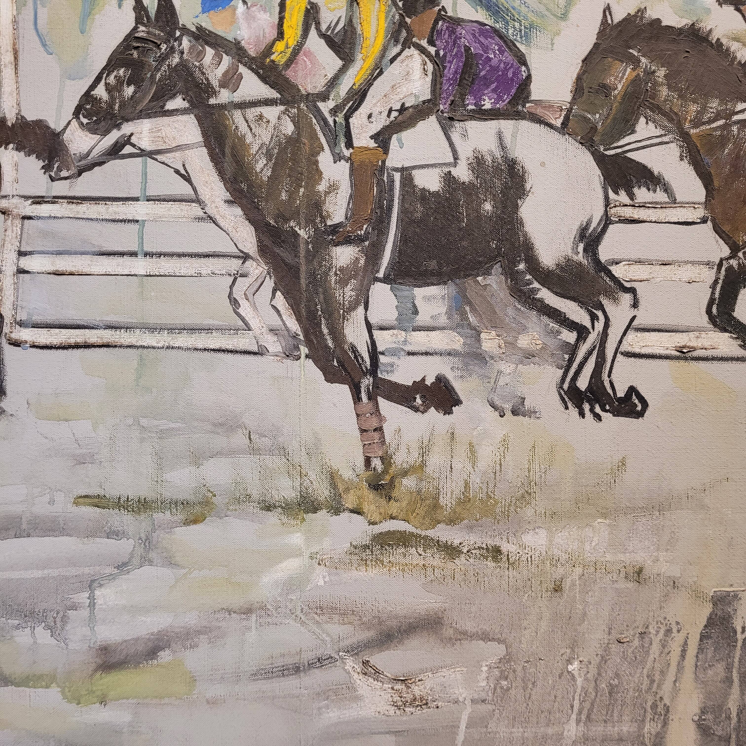 Acrílico sobre lienzo “Carrera de caballos”, León Lafourcade, ff. s. XIX