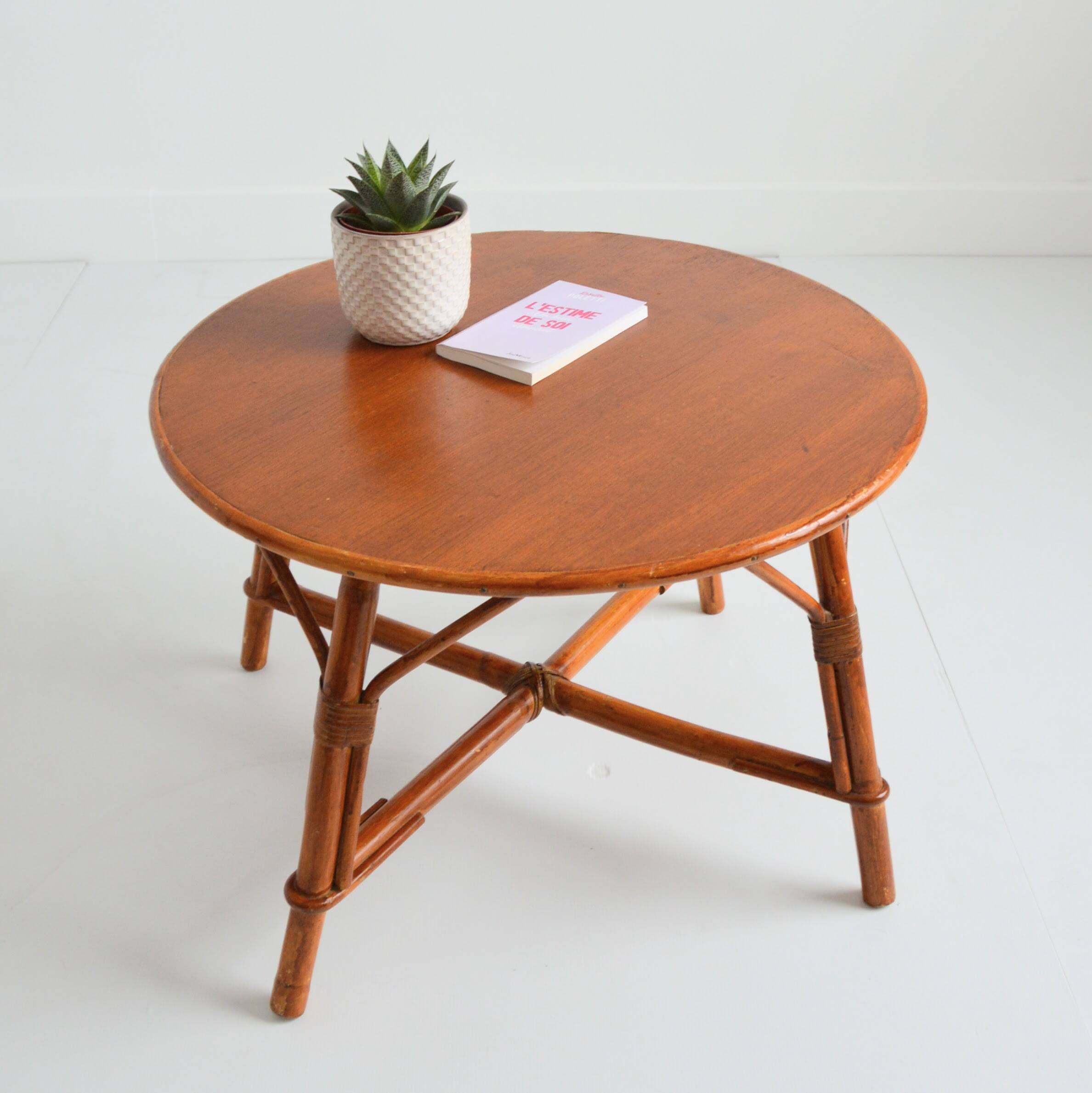 Vintage 1960s round wood and rattan coffee table
