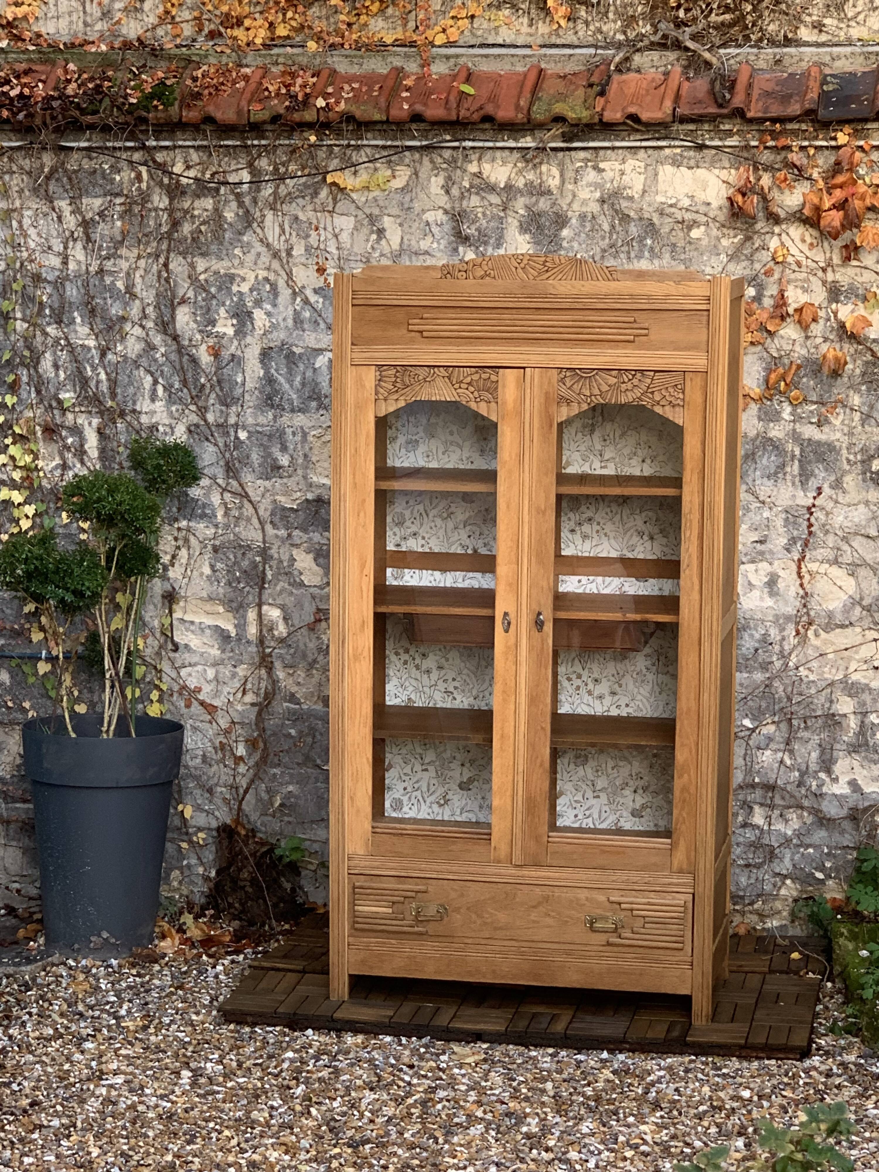 Parisian art deco glass cabinet in raw wood