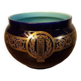 Cache-pot Sarreguemines ancien décor Empire bleu cobalt et or