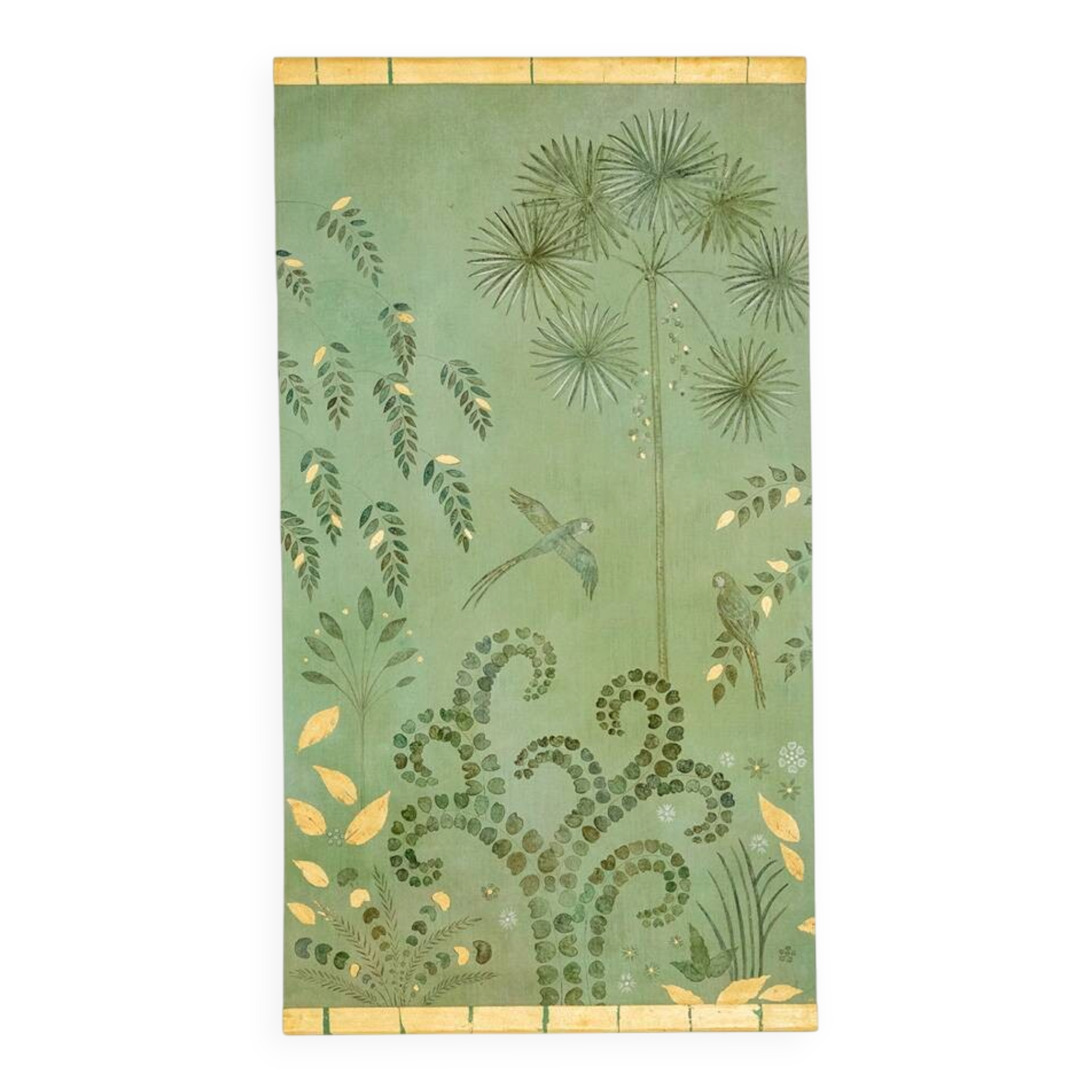 Painted canvas, or decorative panel, Parrots and foliage. Contemporary.